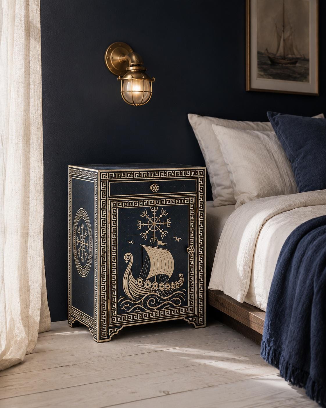Navy Bone Inlay Nightstand | Nautical Bedside Cabinet with Door