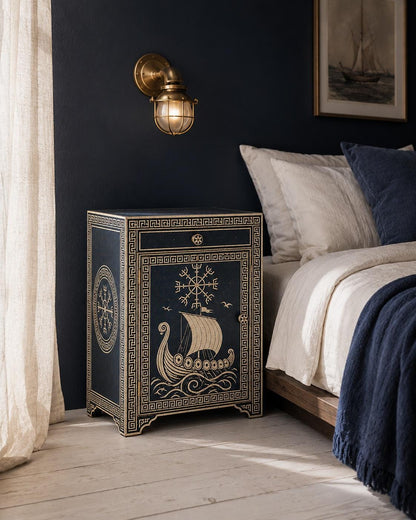 Navy Bone Inlay Nightstand | Nautical Bedside Cabinet with Door