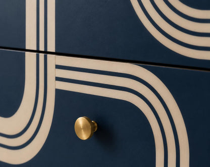 Art Deco Bone Inlay Nightstand, Navy Blue Curved Line Two Drawer Bedside Table, Brass Knobs, Walnut Legs