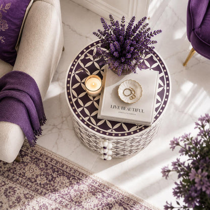 Round Bone Inlay Nightstand | Purple Moroccan 3-Drawer Table