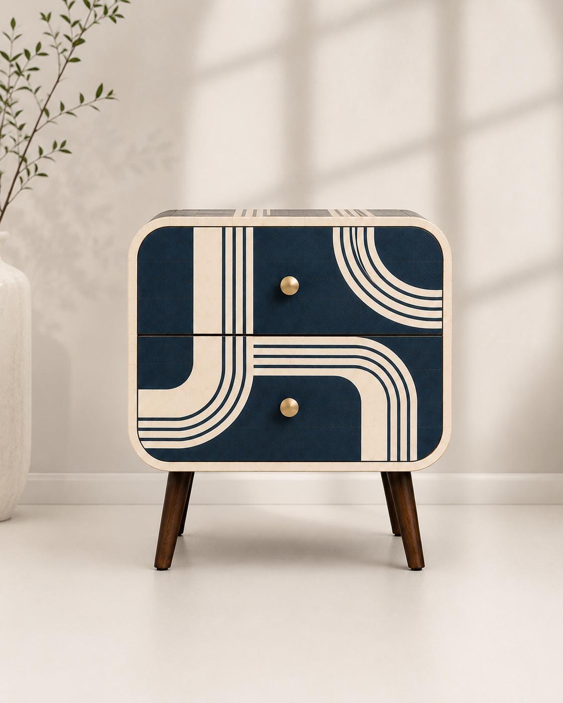 Art Deco Bone Inlay Nightstand, Navy Blue Curved Line Two Drawer Bedside Table, Brass Knobs, Walnut Legs