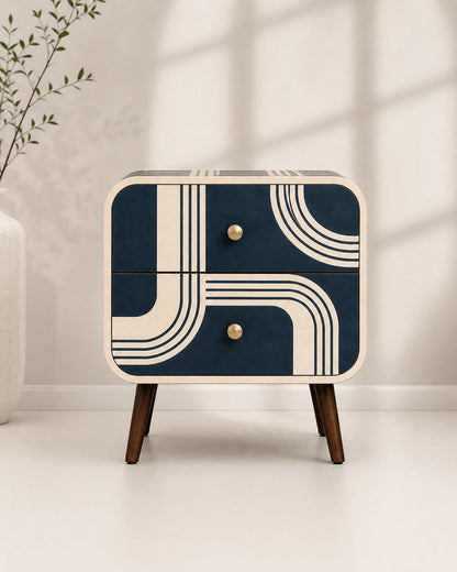 Art Deco Bone Inlay Nightstand, Navy Blue Curved Line Two Drawer Bedside Table, Brass Knobs, Walnut Legs