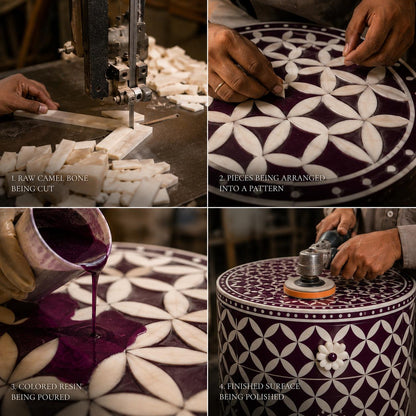 Round Bone Inlay Nightstand | Purple Moroccan 3-Drawer Table