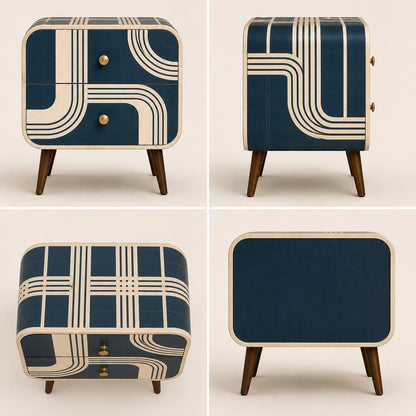 Art Deco Bone Inlay Nightstand, Navy Blue Curved Line Two Drawer Bedside Table, Brass Knobs, Walnut Legs