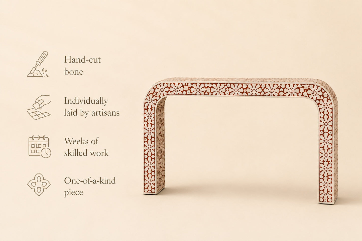 Red Bone Inlay Console Table | Floral Medallion Waterfall