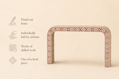 Red Bone Inlay Console Table | Floral Medallion Waterfall