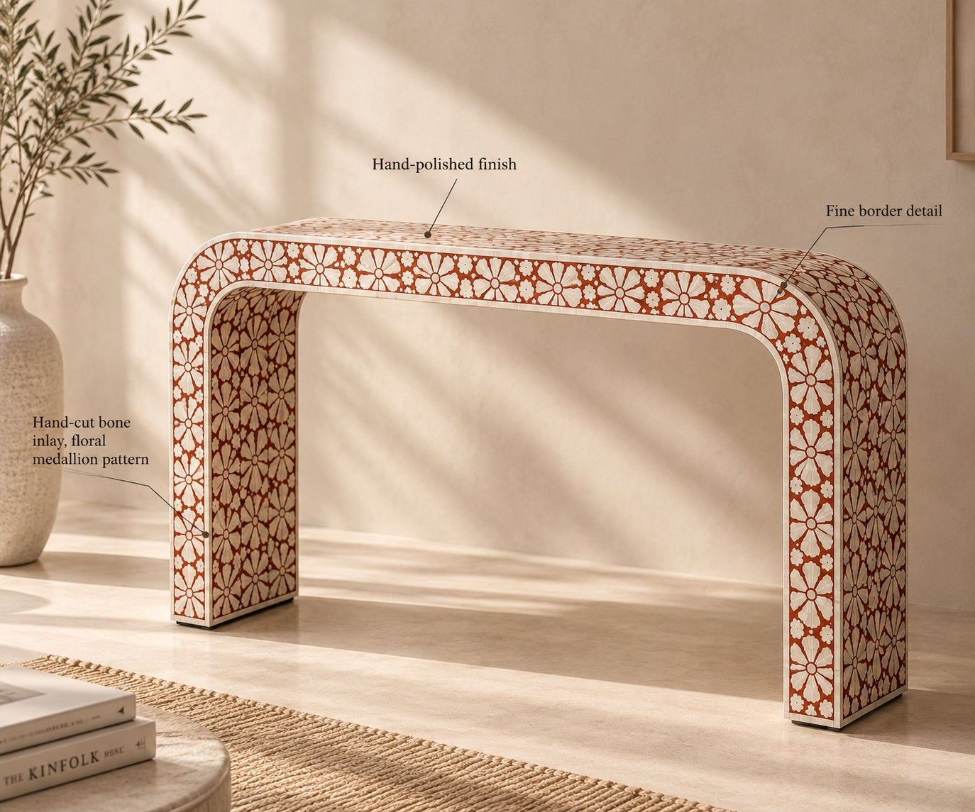 Red Bone Inlay Console Table | Floral Medallion Waterfall