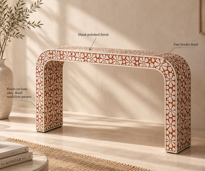 Red Bone Inlay Console Table | Floral Medallion Waterfall