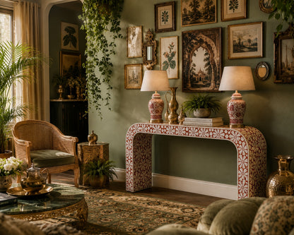 Red Bone Inlay Console Table | Floral Medallion Waterfall
