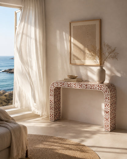 Red Bone Inlay Console Table | Floral Medallion Waterfall