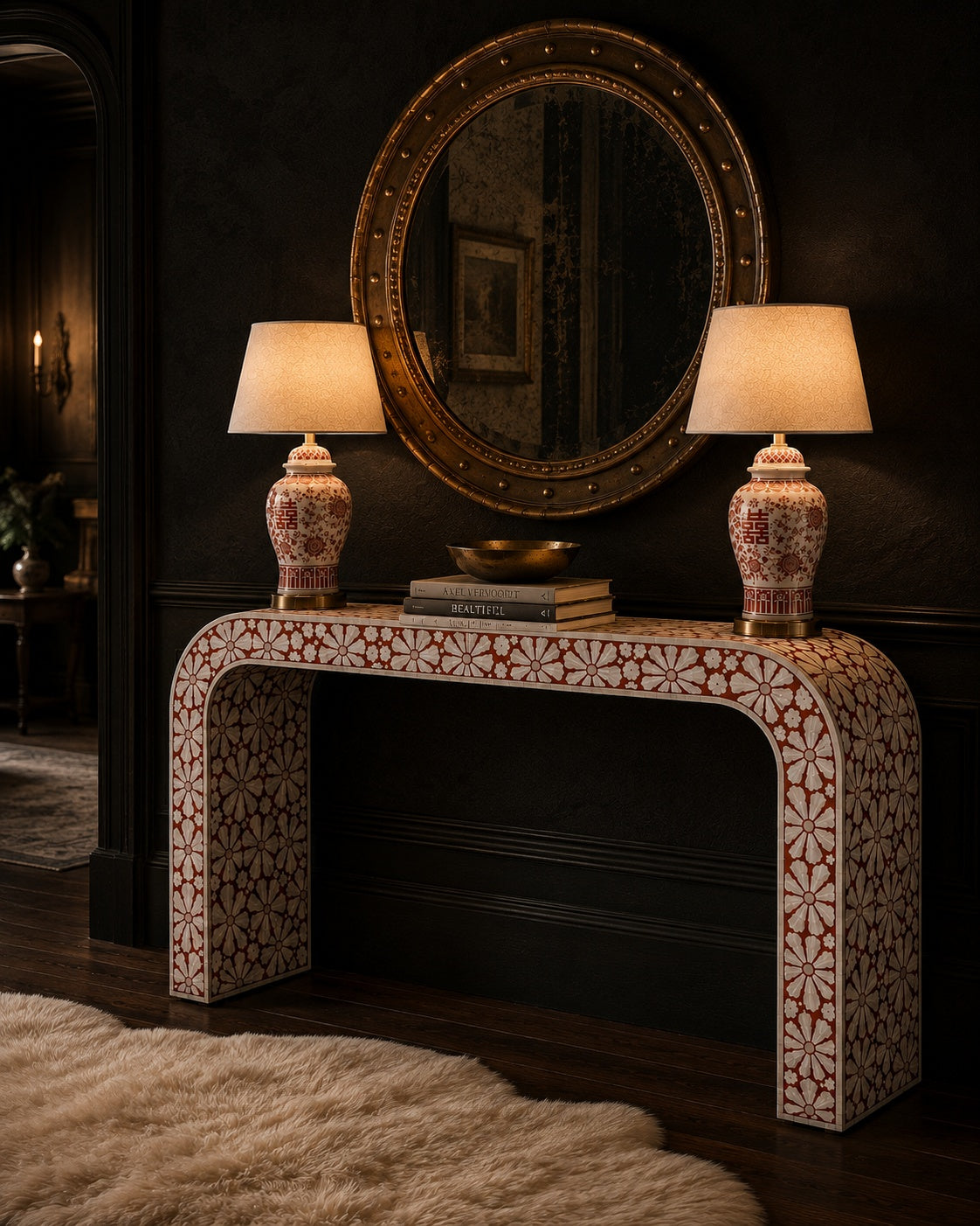 Red Bone Inlay Console Table | Floral Medallion Waterfall