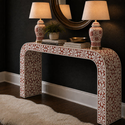 Red Bone Inlay Console Table | Floral Medallion Waterfall