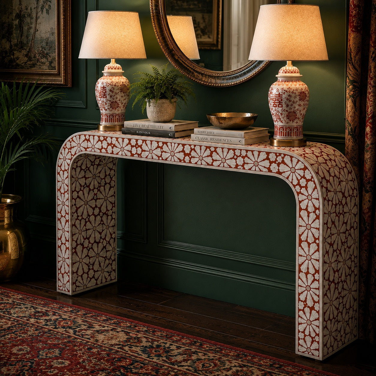 Red Bone Inlay Console Table | Floral Medallion Waterfall