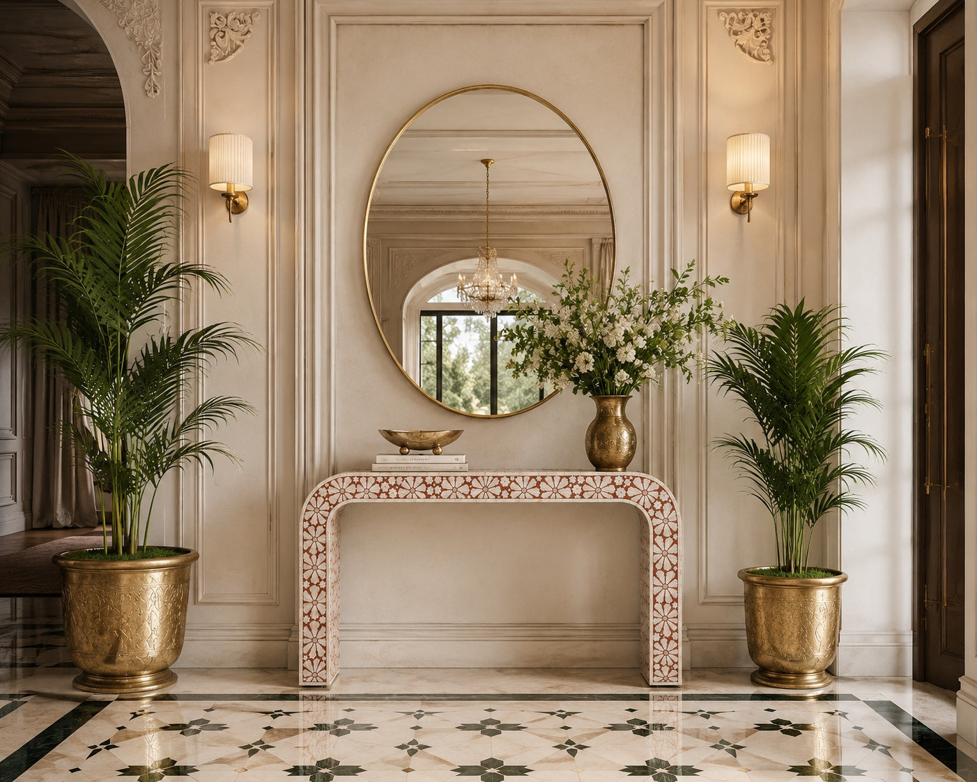 Red Bone Inlay Console Table | Floral Medallion Waterfall