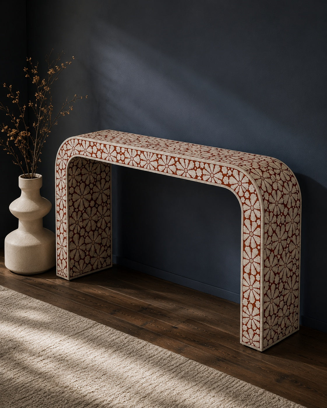Red Bone Inlay Console Table | Floral Medallion Waterfall