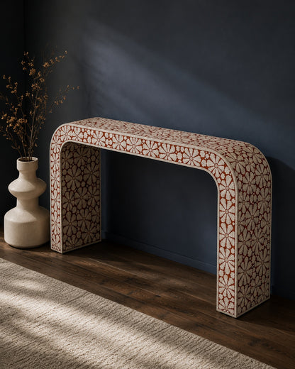 Red Bone Inlay Console Table | Floral Medallion Waterfall