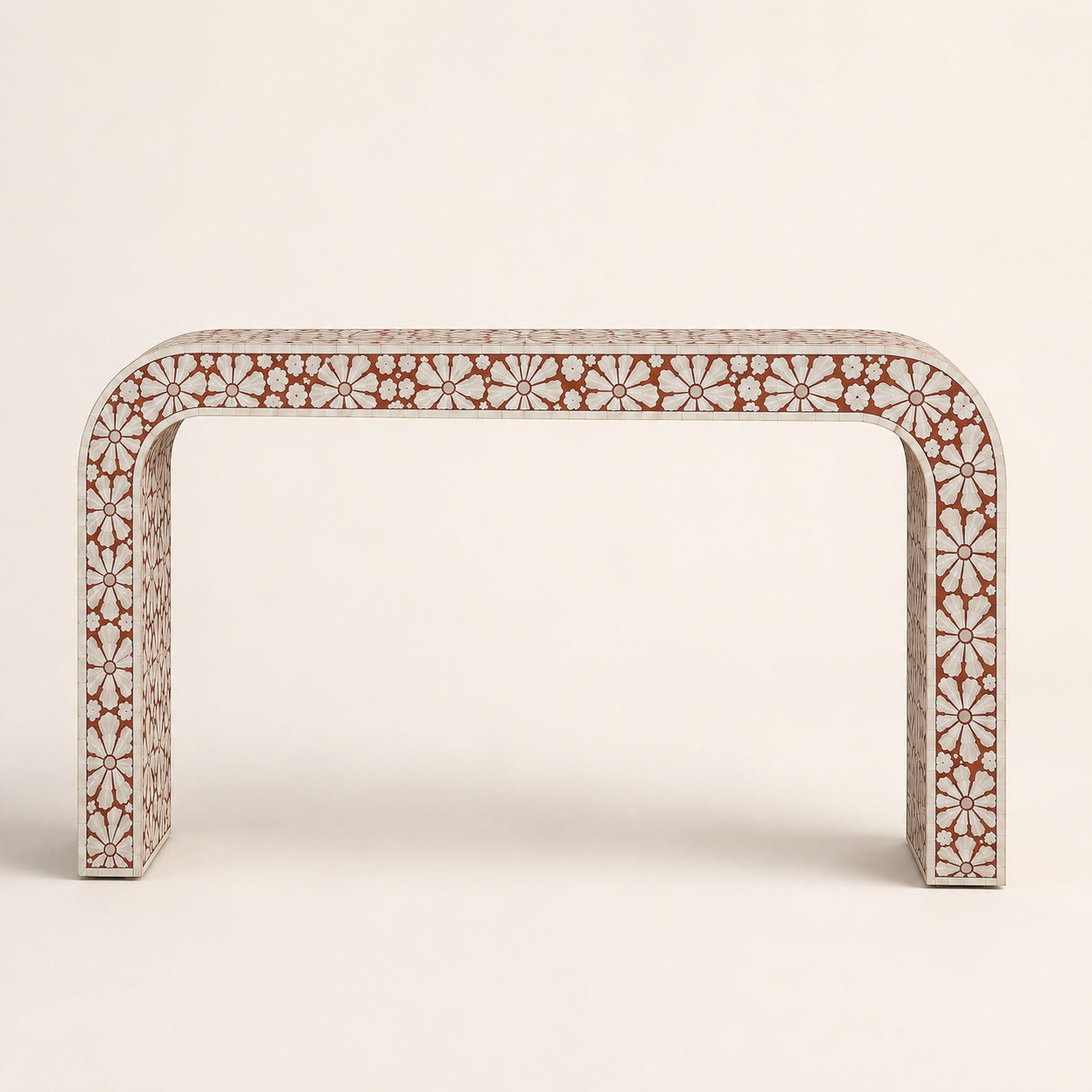 Red Bone Inlay Console Table | Floral Medallion Waterfall