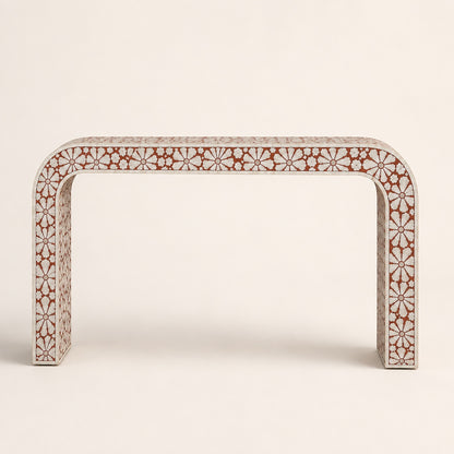 Red Bone Inlay Console Table | Floral Medallion Waterfall