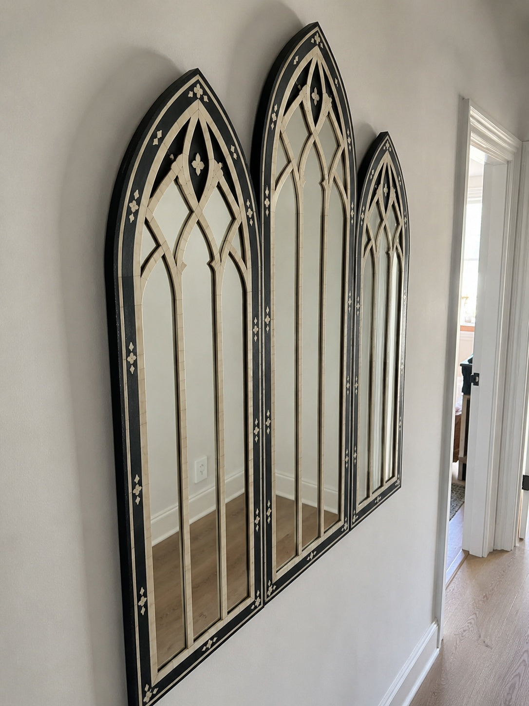 Gothic Arch Bone Inlay Wall Mirror | Black Triptych Arched Mirror