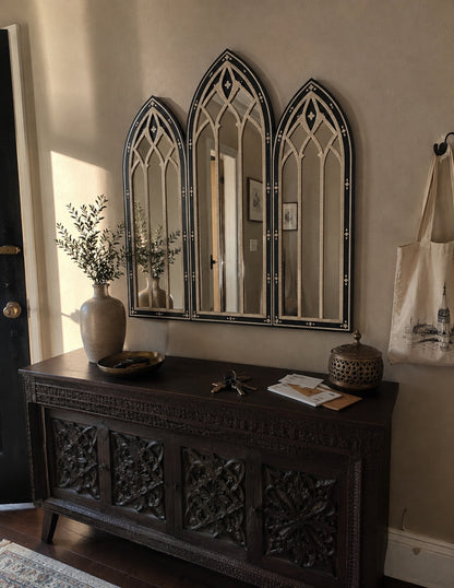 Gothic Arch Bone Inlay Wall Mirror | Black Triptych Arched Mirror