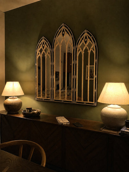 Gothic Arch Bone Inlay Wall Mirror | Black Triptych Arched Mirror