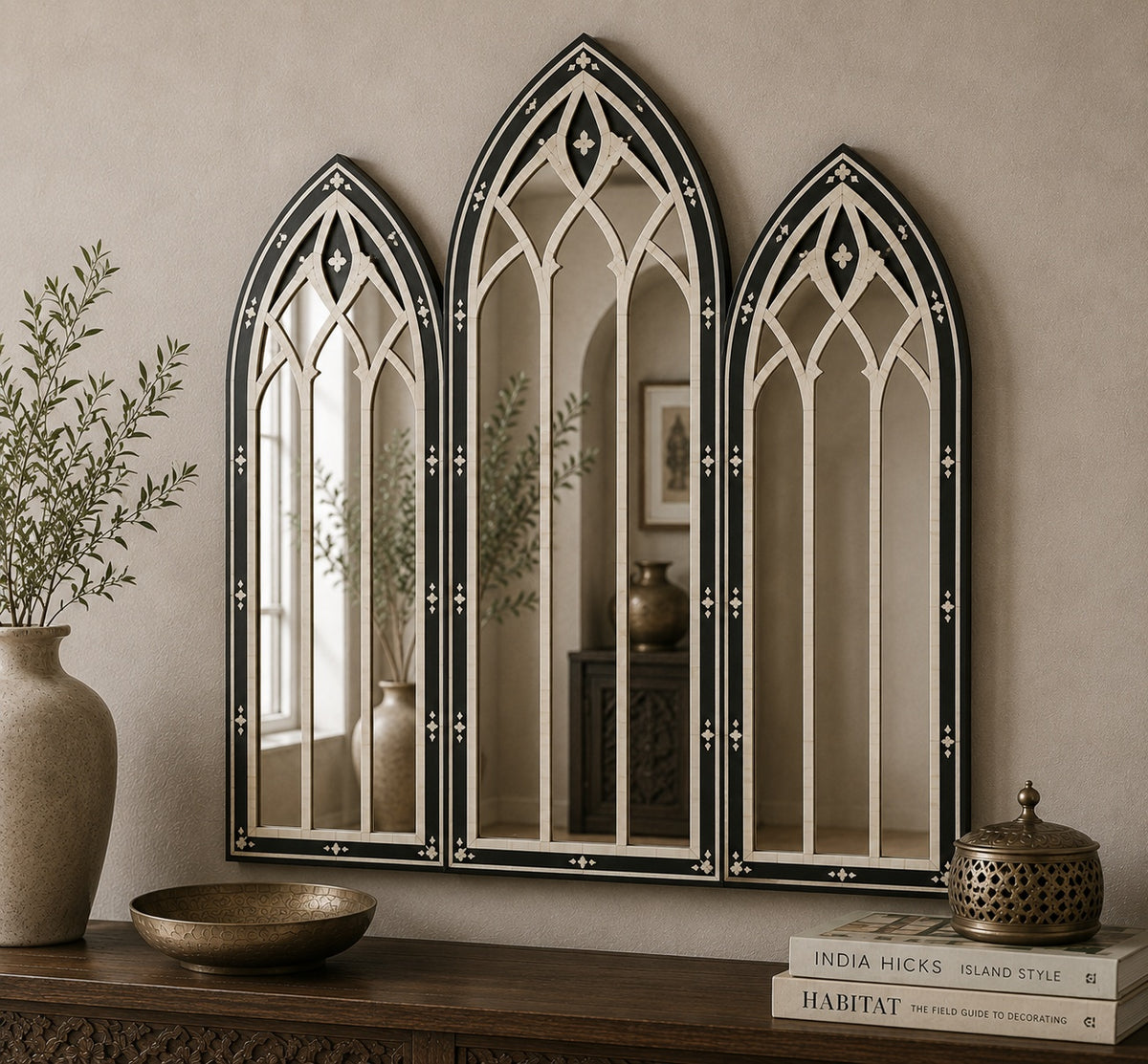 Gothic Arch Bone Inlay Wall Mirror | Black Triptych Arched Mirror