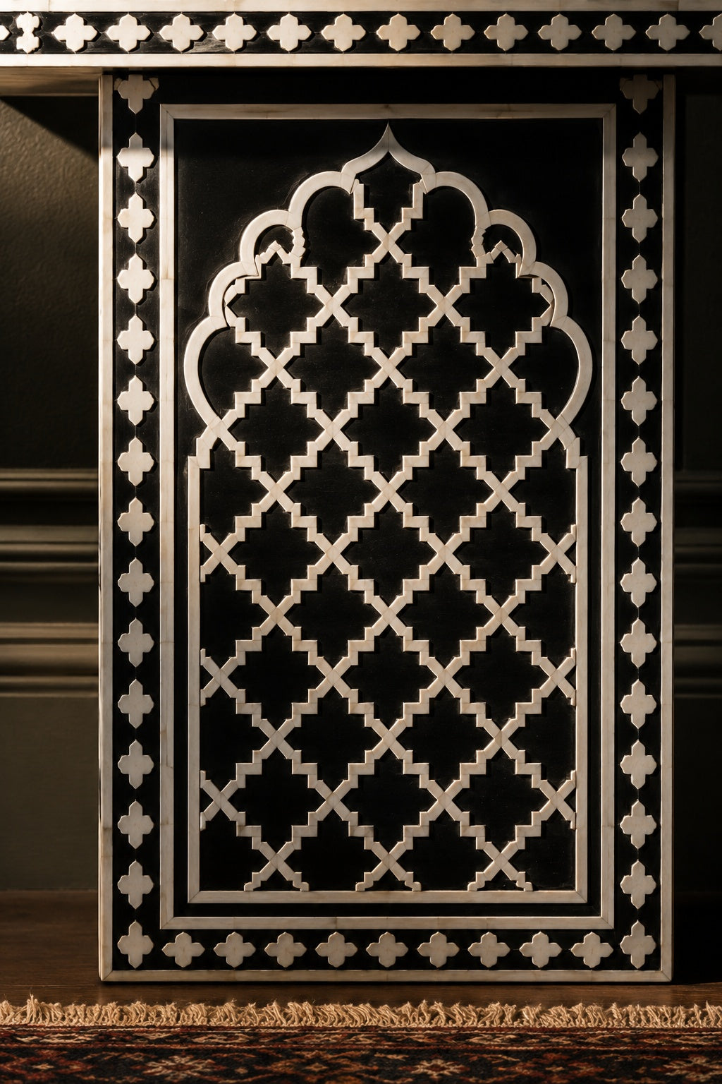 Black Bone Inlay Console Table | Moorish Lattice, 2 Drawers