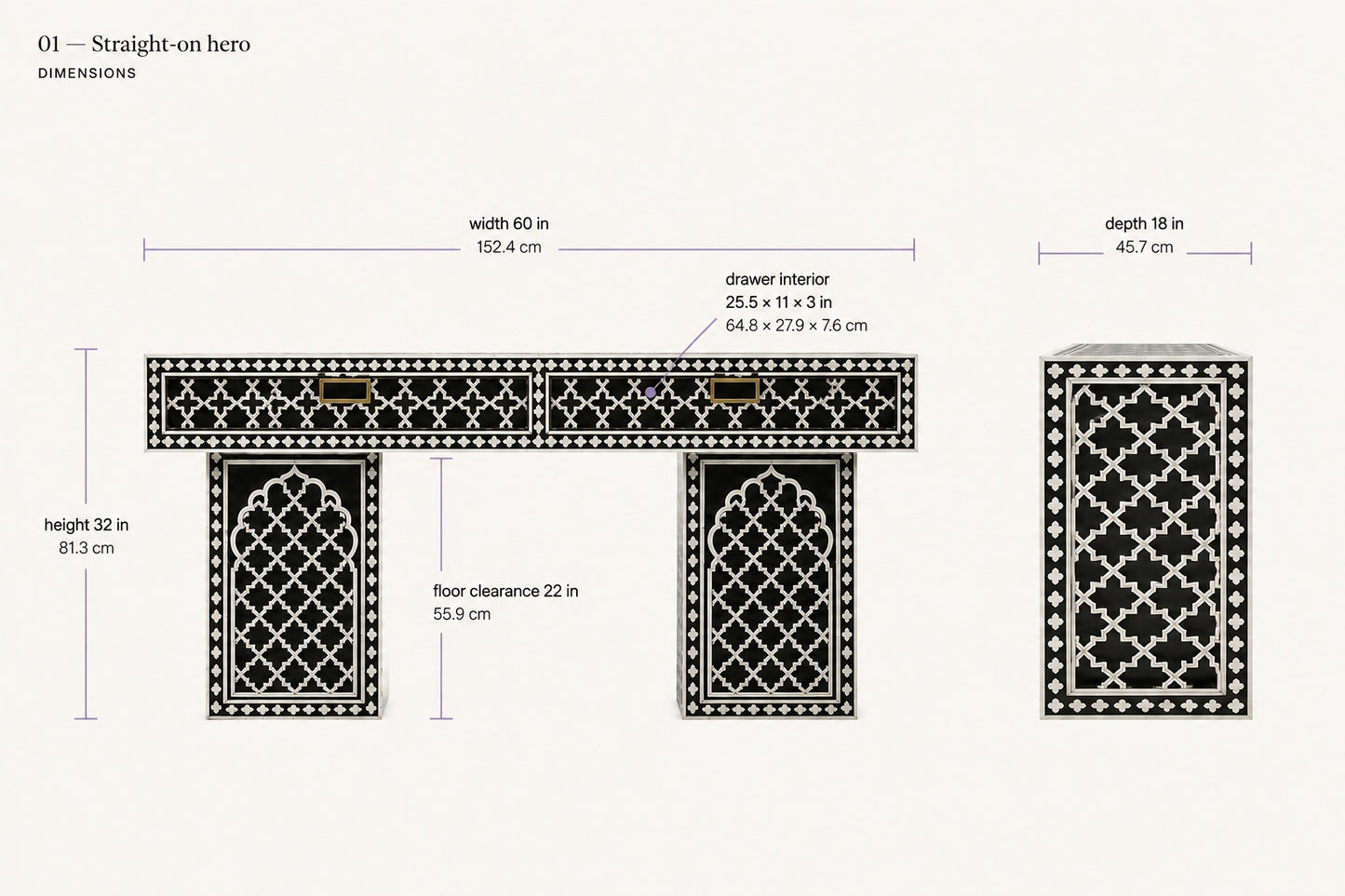 Black Bone Inlay Console Table | Moorish Lattice, 2 Drawers