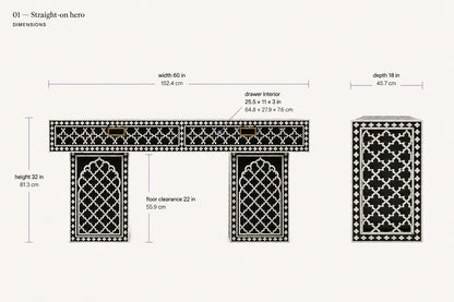 Black Bone Inlay Console Table | Moorish Lattice, 2 Drawers