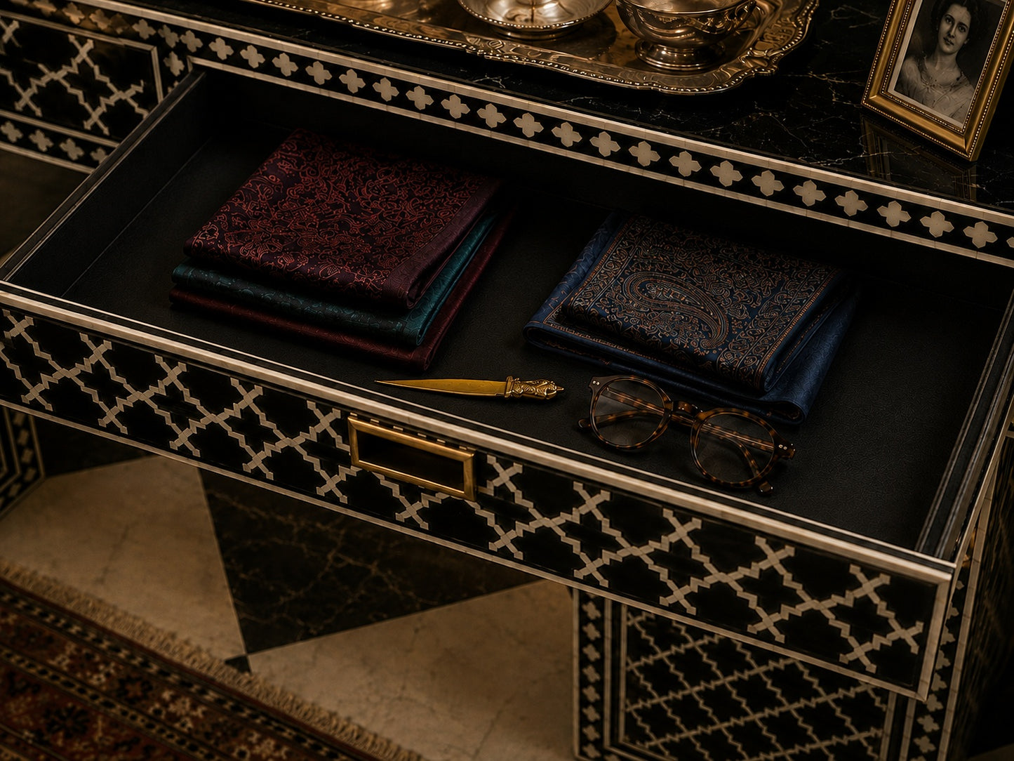 Black Bone Inlay Console Table | Moorish Lattice, 2 Drawers