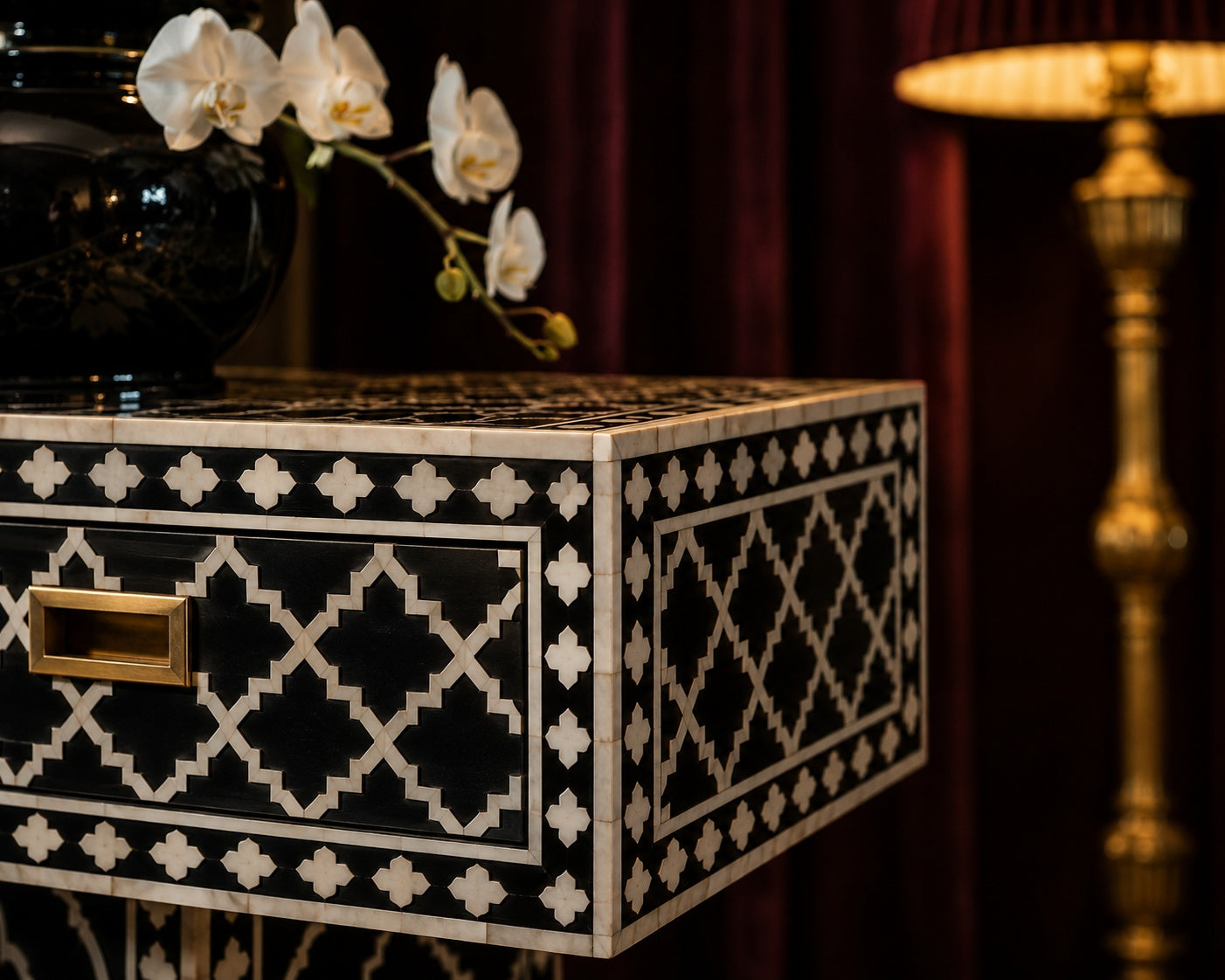 Black Bone Inlay Console Table | Moorish Lattice, 2 Drawers