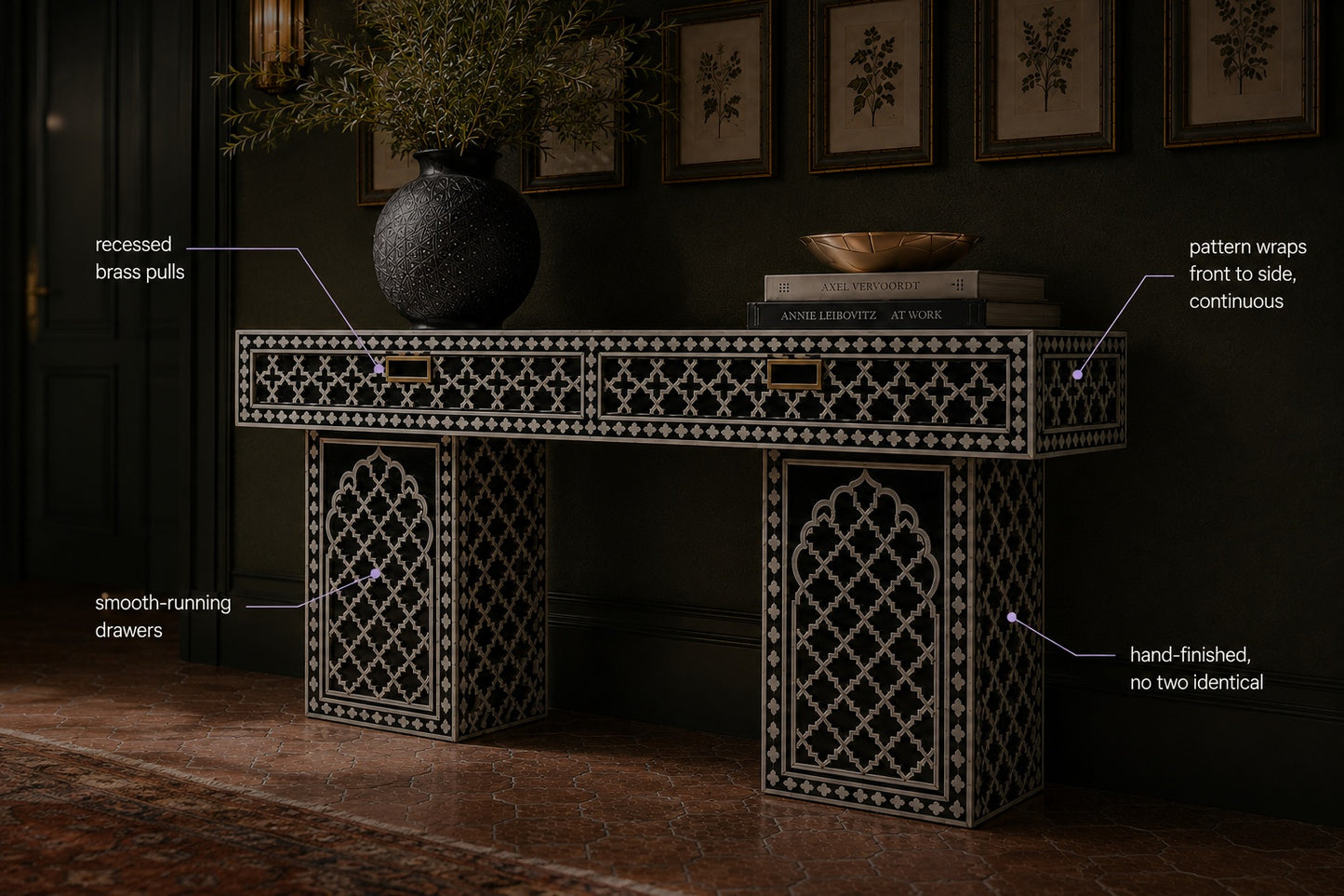 Black Bone Inlay Console Table | Moorish Lattice, 2 Drawers