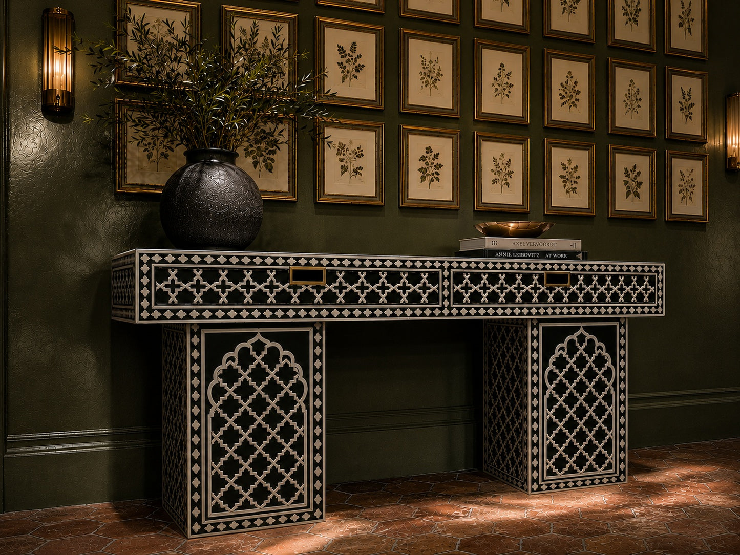 Black Bone Inlay Console Table | Moorish Lattice, 2 Drawers