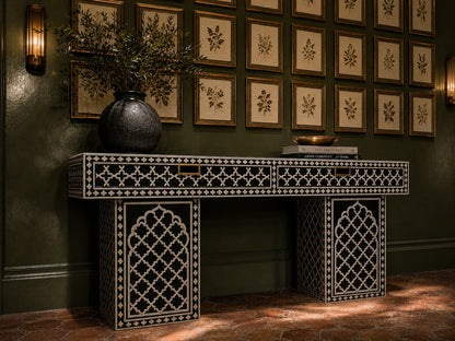 Black Bone Inlay Console Table | Moorish Lattice, 2 Drawers