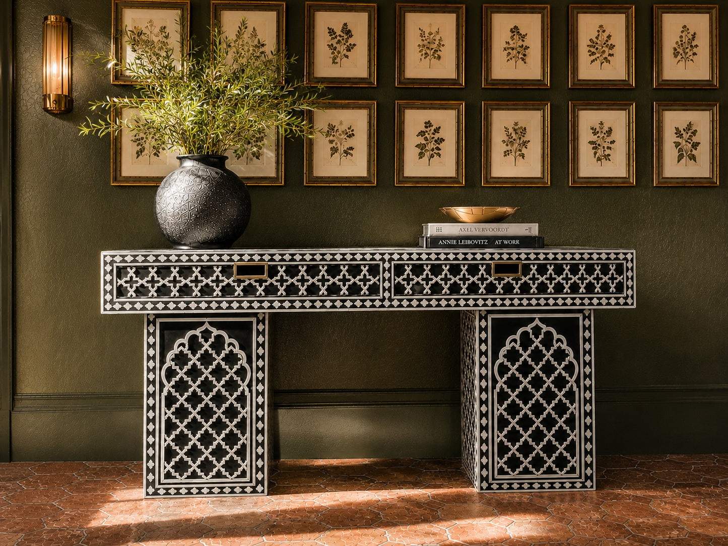 Black Bone Inlay Console Table | Moorish Lattice, 2 Drawers