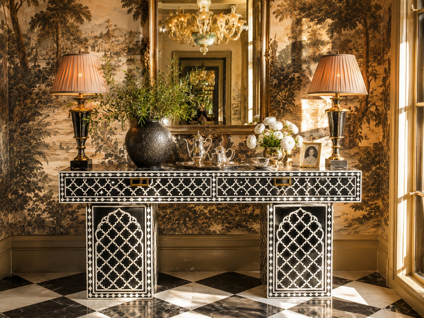 Black Bone Inlay Console Table | Moorish Lattice, 2 Drawers