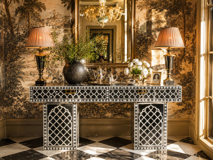 Black Bone Inlay Console Table | Moorish Lattice, 2 Drawers