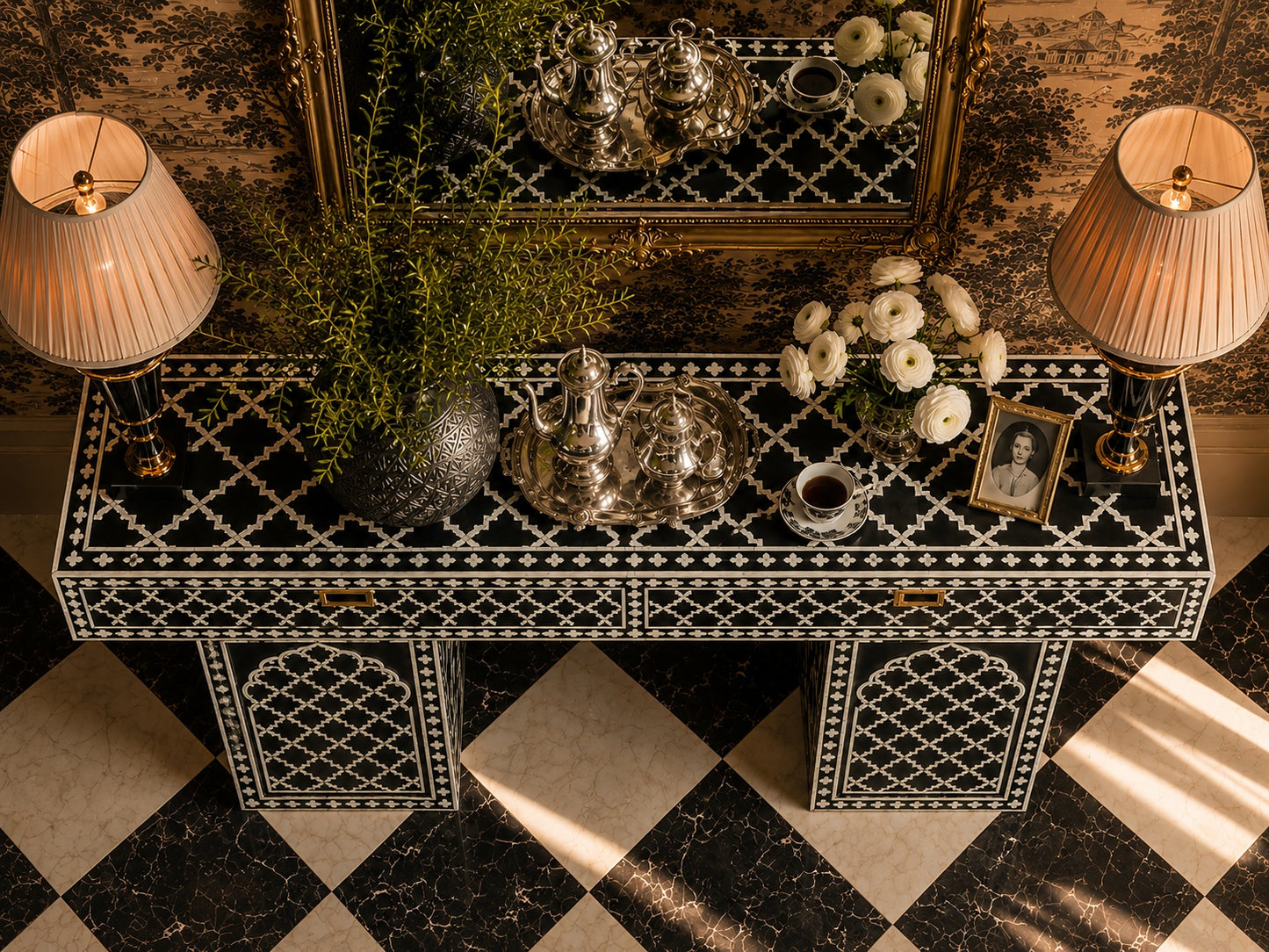 Black Bone Inlay Console Table | Moorish Lattice, 2 Drawers
