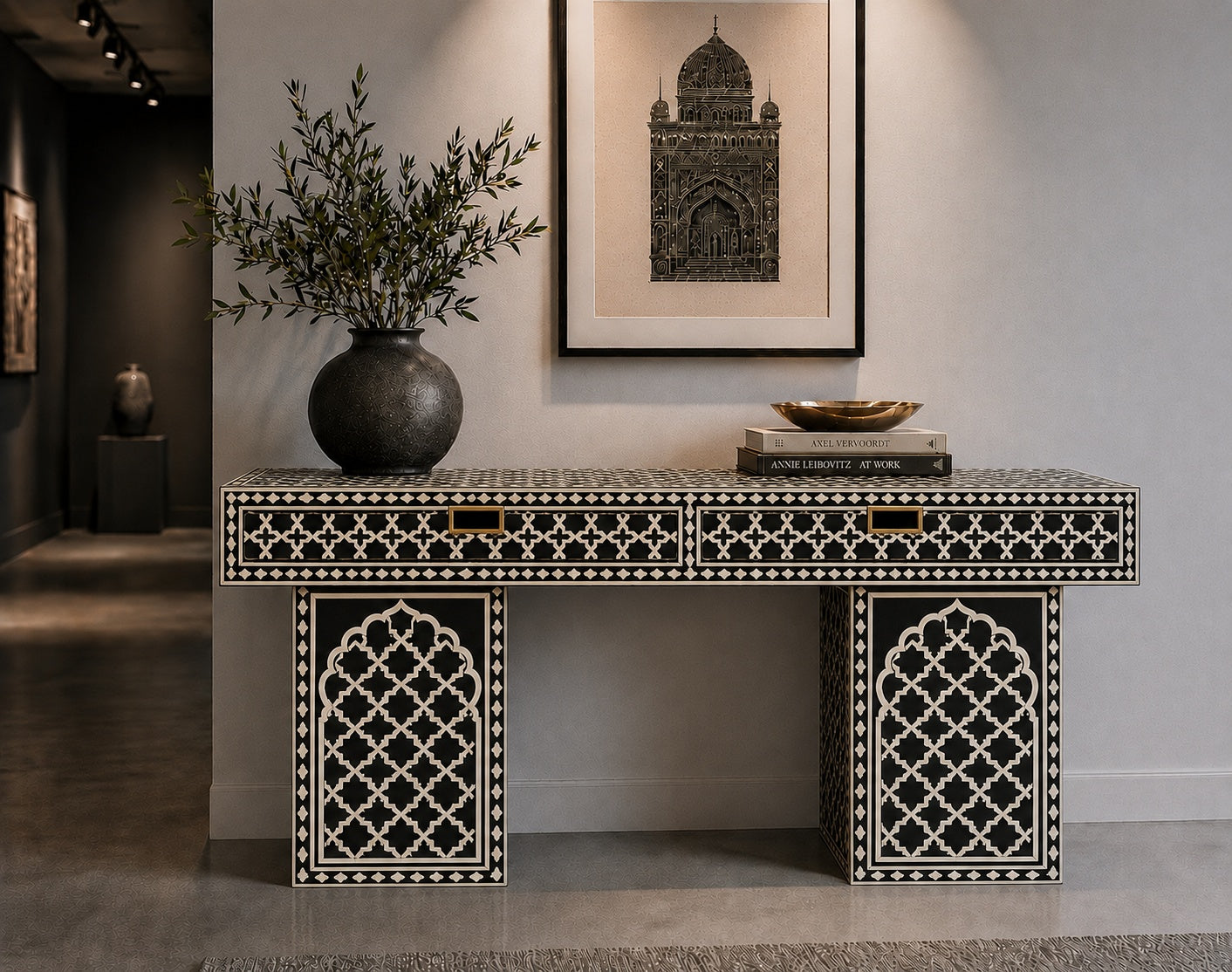 Black Bone Inlay Console Table | Moorish Lattice, 2 Drawers