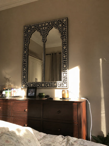 Moroccan Arch Bone Inlay Wall Mirror | Black Floral Vine Frame