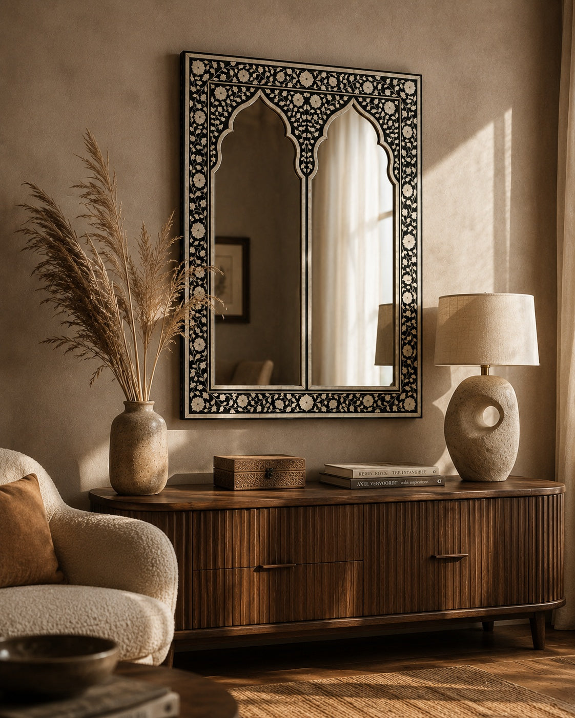 Moroccan Arch Bone Inlay Wall Mirror | Black Floral Vine Frame
