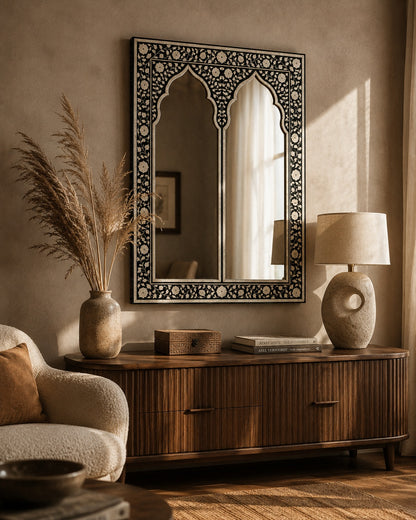 Moroccan Arch Bone Inlay Wall Mirror | Black Floral Vine Frame