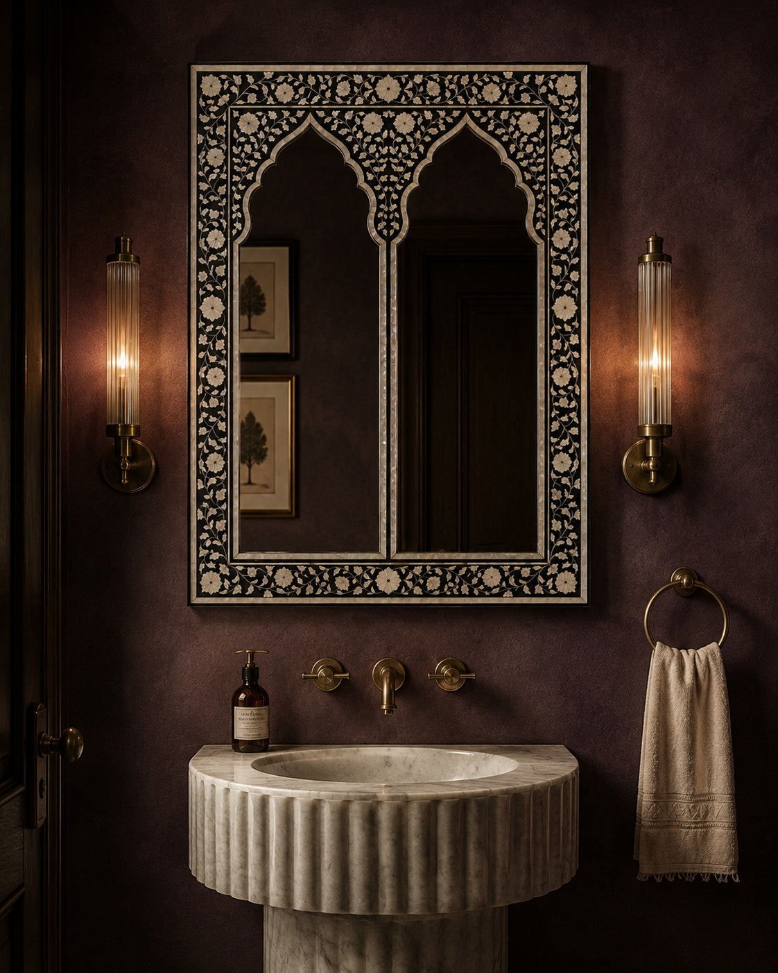 Moroccan Arch Bone Inlay Wall Mirror | Black Floral Vine Frame
