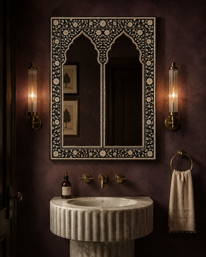 Moroccan Arch Bone Inlay Wall Mirror | Black Floral Vine Frame