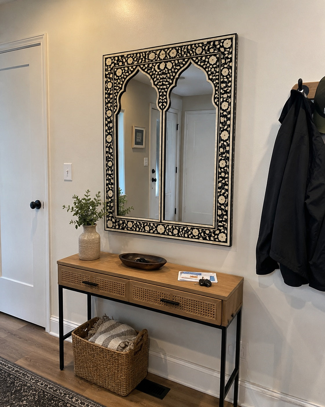 Moroccan Arch Bone Inlay Wall Mirror | Black Floral Vine Frame