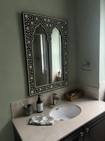 Moroccan Arch Bone Inlay Wall Mirror | Black Floral Vine Frame