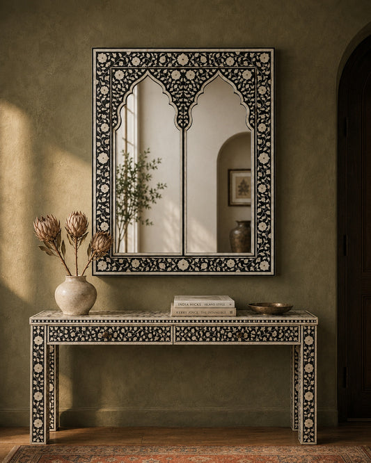 Moroccan Arch Bone Inlay Wall Mirror | Black Floral Vine Frame