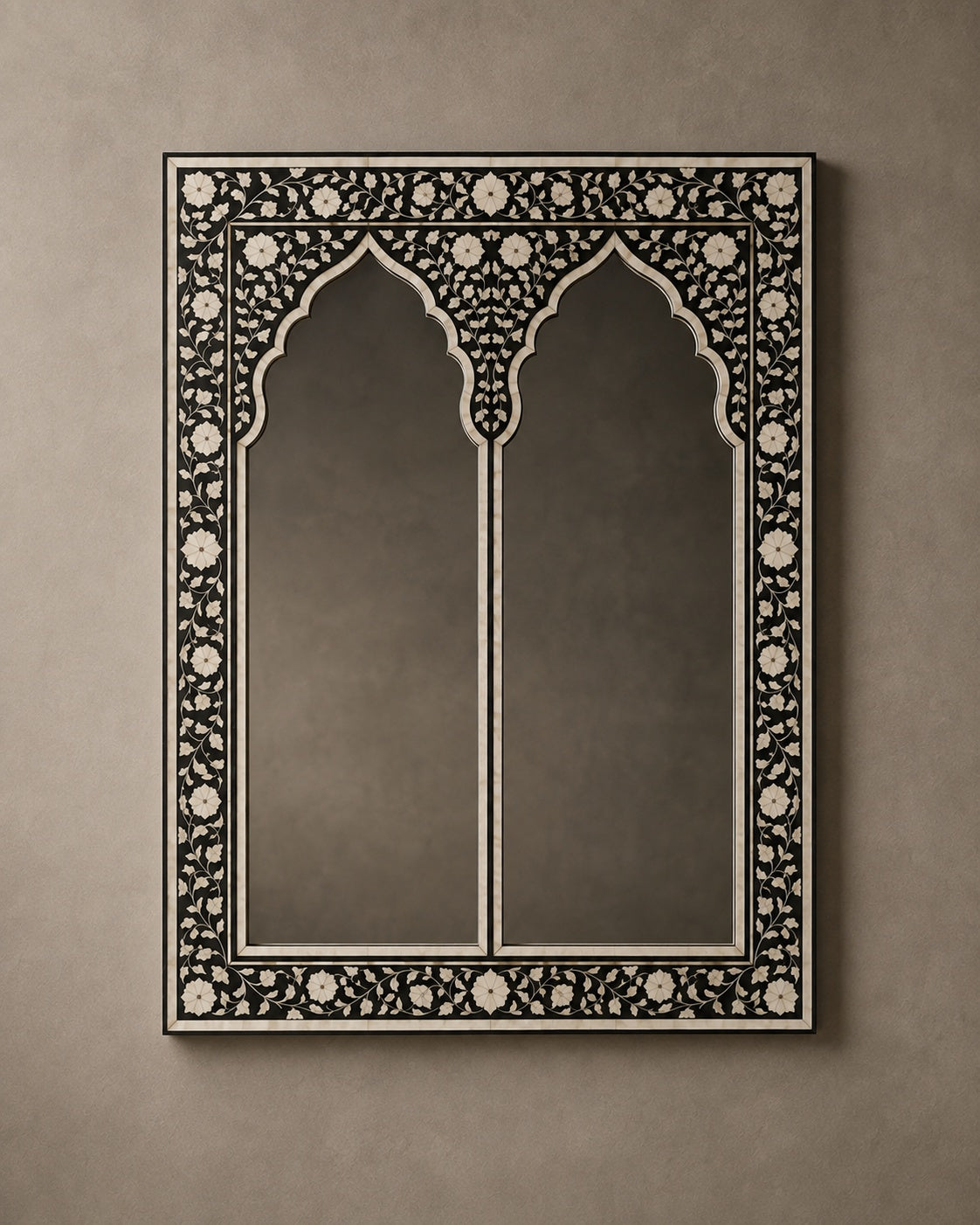Moroccan Arch Bone Inlay Wall Mirror | Black Floral Vine Frame