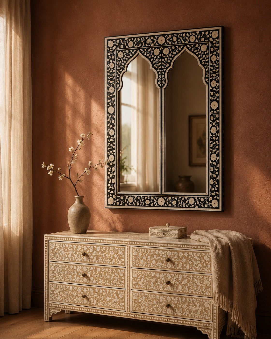Moroccan Arch Bone Inlay Wall Mirror | Black Floral Vine Frame
