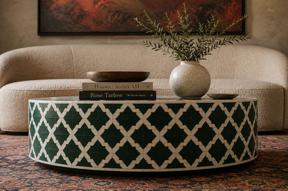 Emerald Green Bone Inlay Coffee Table | Round Moroccan Star Drum